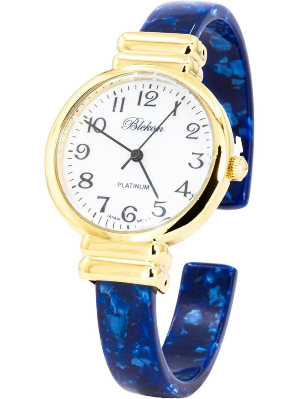 Women's Gold/White/Blue Pearl/Round Shell Color Design Cuff Bangle Stylish Watch
